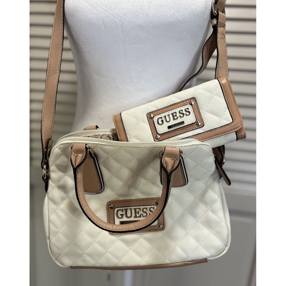 Guess Satchel Hand Bag Quilted Cream & Matching Wallet Set 2pc Logo Adj Strap